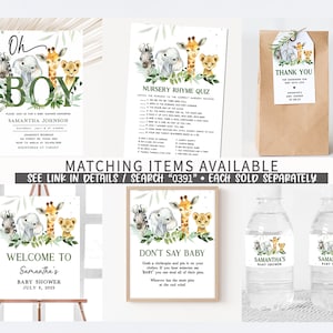 Pode incluir: Um conjunto de decora&ccedil;&otilde;es imprim&iacute;veis para um ch&aacute; de beb&ecirc; com tema de animais da selva. O conjunto inclui uma placa de boas-vindas, um quiz de rimas infantis, uma etiqueta de agradecimento e etiquetas para garrafas de &aacute;gua. As decora&ccedil;&otilde;es s&atilde;o em tons de verde, marrom e branco.