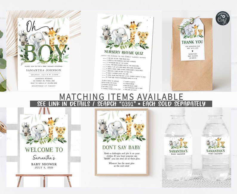 Pode incluir: Um conjunto de decora&ccedil;&otilde;es imprim&iacute;veis para um ch&aacute; de beb&ecirc; com tema de animais da selva. O conjunto inclui uma placa de boas-vindas, um quiz de rimas infantis, uma etiqueta de agradecimento e etiquetas para garrafas de &aacute;gua. As decora&ccedil;&otilde;es s&atilde;o em tons de verde, marrom e branco.