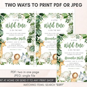 May include: Two printable baby shower invitations with a jungle theme. The invitations feature a green leafy border with a giraffe, elephant, lion, zebra, and rhinoceros. The text reads "A Little Wild One is on the way!" and includes the baby shower date, time, location, and RSVP information. The invitations are available in PDF and JPEG formats.