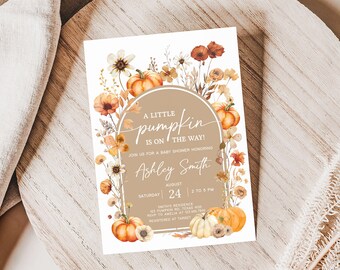Editable Wildflower Pumpkin Baby Shower Invitation, Baby in Bloom Fall Baby Shower Invite, Little Pumpkin Boho Baby Shower Invitation, 0880