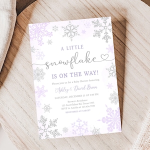 Editable Purple A Little Snowflake Baby Shower Invitation, Purple Snowflake Baby Shower Invite, Girl Winter Baby Shower Invite Template 0540 image 1