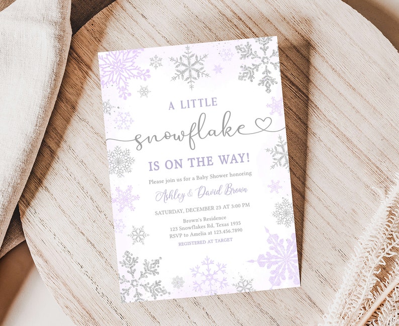 Editable Purple A Little Snowflake Baby Shower Invitation, Purple Snowflake Baby Shower Invite, Girl Winter Baby Shower Invite Template 0540 image 1