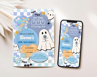 May include: A birthday invitation and a smartphone displaying the same design. The invitation features a cartoon ghost holding a flower, with text that reads "Our Little Boo is turning two!" and "Steven's 2nd Birthday."
