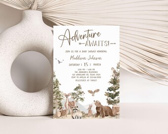 Editable Adventure Awaits Baby Shower Invitation, Woodland Animals Baby Shower Invitation, Adventure Woodland Baby Shower Invites, 01032