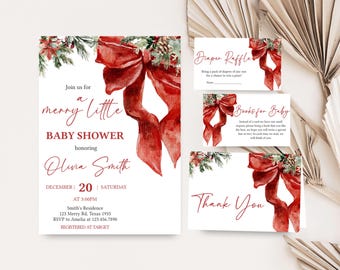 May include: A baby shower stationery set with a Christmas theme. The invitation and cards feature a red watercolour bow and foliage. Text includes "Baby Shower" and "Thank You".
