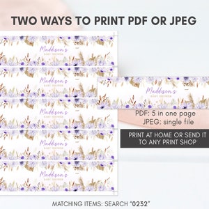 May include: Printable baby shower labels with a floral design in shades of purple, gold, and white. The labels say "Maddison's Baby Shower". The text "PDF: 5 in one page JPEG: single file Print at home or send it to any print shop Matching items: Search "0232"" is also included.
