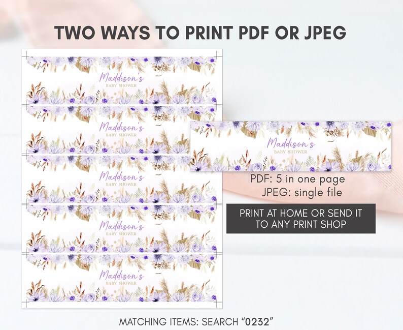 May include: Printable baby shower labels with a floral design in shades of purple, gold, and white. The labels say "Maddison's Baby Shower". The text "PDF: 5 in one page JPEG: single file Print at home or send it to any print shop Matching items: Search "0232"" is also included.