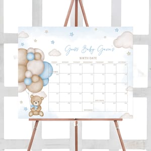Bearbeitbarer blauer Jungen-Bärn-Ballon-Babyparty-Fälligkeitsdatumskalender, wir können Bären-Babypartykalender warten, Boho Braunbär-Babyparty, 0621