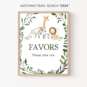 Safari Baby Shower Favors Sign, Jungle Baby Shower Favor Table Sign, Gender Neutral Greenery Safari Animals Favors Printable Template 0334