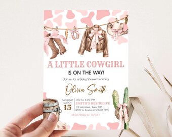 Editable A Little Cowgirl Baby Shower Invitation, Girl Baby Clothes Baby Shower Invitation, Wild West Coquette Rodeo Baby Shower, 01040