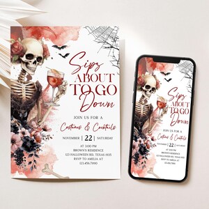 a Halloween-themed invitation and a smartphone displaying the same invitation.