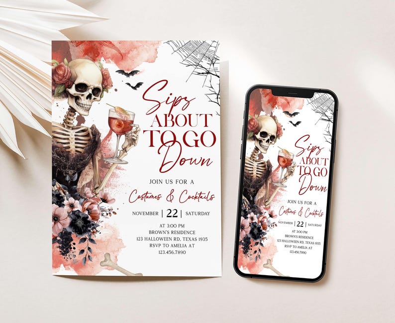 a Halloween-themed invitation and a smartphone displaying the same invitation.