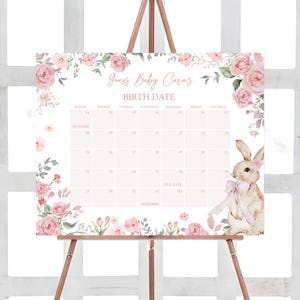 Bearbeitbar Einige Häschen-Babypartykalender, Rosa Blumenfrühlings-Babyparty Fälligkeitsdatumskalender, Frühlingsblumenmädchen-Kaninchen-Babyankunft, 01025