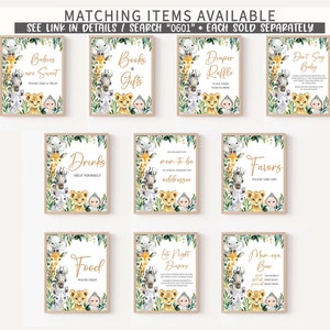 May include: Nine printable signs with a jungle theme featuring a giraffe, zebra, lion, and monkey. The signs have gold text and say "Babies are Sweet", "Books & Gifts", "Diaper Raffle", "Don't Say Baby", "Drinks", "Mom-to-be Address", "Favors", "Food", "Late Night Diapers", and "Mom-esa Bar".