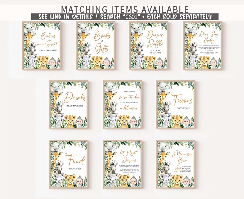 May include: Nine printable signs with a jungle theme featuring a giraffe, zebra, lion, and monkey. The signs have gold text and say "Babies are Sweet", "Books & Gifts", "Diaper Raffle", "Don't Say Baby", "Drinks", "Mom-to-be Address", "Favors", "Food", "Late Night Diapers", and "Mom-esa Bar".