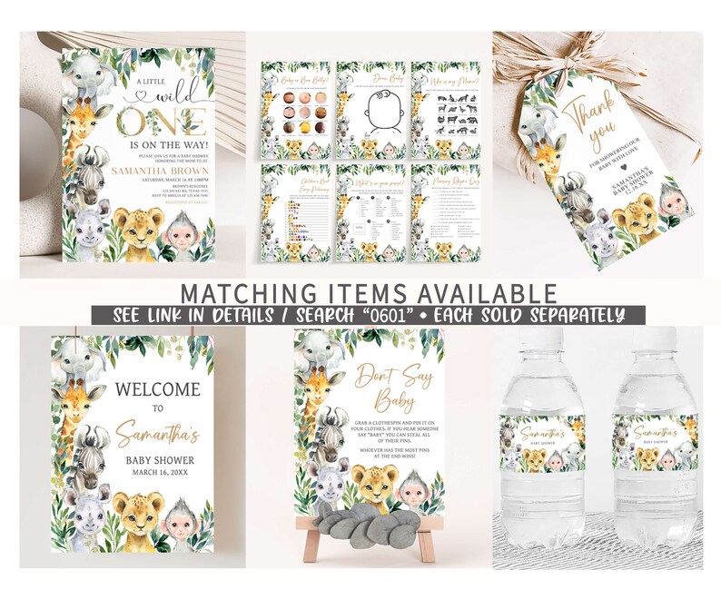 May include: A set of printable baby shower decorations with a jungle animal theme. The decorations include a welcome sign, a don't say baby sign, water bottle labels, and a thank you tag. The decorations feature a giraffe, a zebra, a monkey, and a lion.