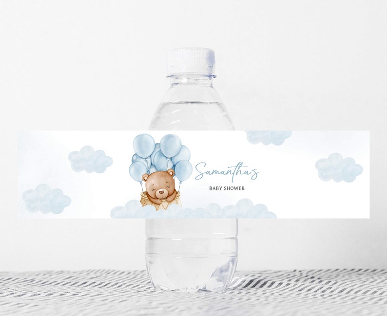 Étiquette modifiable de bouteille d'eau de baby shower de montgolfière d'ours, étiquettes d'eau de baby shower, nous pouvons Bearly attendre, autocollant de bouteille d'eau d'ours de Boho de garçon 0695 image 1