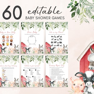 Editable Farm Baby Shower Games Bundle, Farm Animals Baby Shower Activities, Red Barnyard Game Pack, Rustic Gender Neutral Template 0209