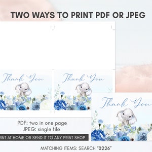 K&ouml;nnte beinhalten: Zwei druckbare Dankeskarten mit einem Baby-Elefanten mit blauen und wei&szlig;en Blumen. Der Text "Danke" ist auf jeder Karte in Kursivschrift geschrieben. Die Karten k&ouml;nnen als PDF mit zwei Karten pro Seite oder als JPEG mit einer Karte pro Seite gedruckt werden. Der Text "Passende Artikel: Suche "0226" ist ebenfalls enthalten.