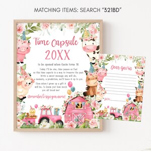 Signe modifiable de capsule temporelle d'anniversaire de ferme, carte capsule temporelle rose florale d'anniversaire de basse-cour, signe de fête de premier anniversaire de fille d'animaux de ferme 321BD