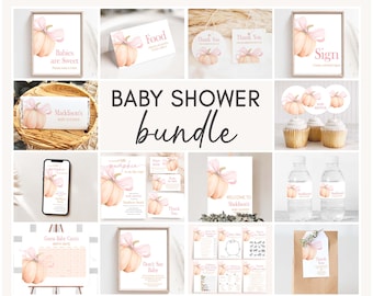 Pacchetto Baby Shower modificabile "La dolce piccola zucca è in arrivo", Pacchetto Baby Shower con fiocco di zucca rosa, Modello Mega Bundle di zucca per bambina, 01128