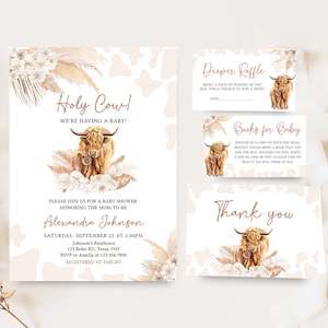 Editable Boho Highland Cow Baby Shower Invitation Bundle, Gender Neutral Holy Cow Baby Shower Invite Set, Highland Cow Boho Invitation, 0510