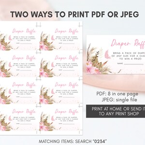 May include: Printable diaper raffle tickets with a pink and gold floral design. The text reads "Diaper Raffle" and "Bring a pack of diapers of any size for a chance to win a prize!"  The tickets are designed to be printed 8 to a page.