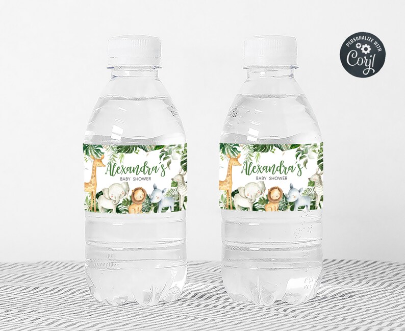 Editable Safari Baby Shower Bottle Label, Greenery Jungle Baby Shower Water Label, Wild One Safari Animals Baby Shower Bottle Stickers, 0297 image 3