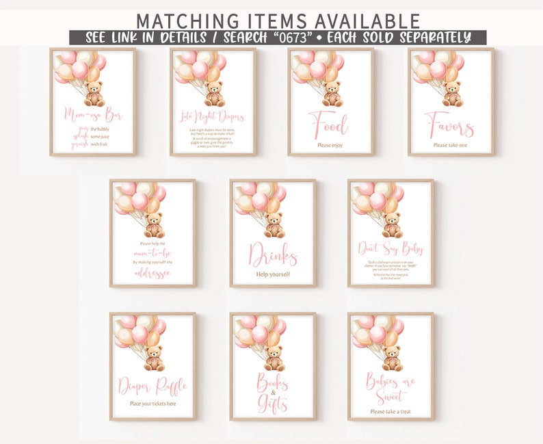 May include: Ten printable signs for a baby shower with a pink and beige color scheme. Each sign features a teddy bear holding pink and beige balloons and text in pink. The signs include: "Mommy-to-be", "Late Night Dompers", "Food", "Favors", "Please help the mommy-to-be by making out the address", "Drinks", "Don't Say Baby", "Diaper Raffle", "Books & Gifts", and "Babies are Sweet".