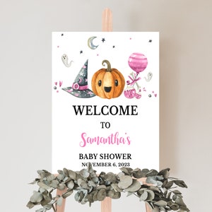 Editável Halloween Baby Shower Welcome Sign Rosa A Little Boo Baby Shower Welcome Poster Girl Halloween Pumpkin Sign Modelo para impressão 0353