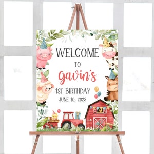 Signo de bienvenida de cumpleaños de granja editable, cartel de bienvenida de cumpleaños de corral, primer signo de fiesta de cumpleaños de animales de granja, niño rojo corral animal 318BD