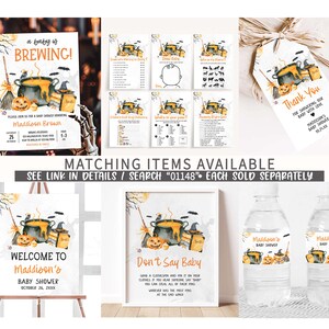 various Halloween-themed items, including a baby shower invitation, a thank you card, and a set of matching items available for purchase.