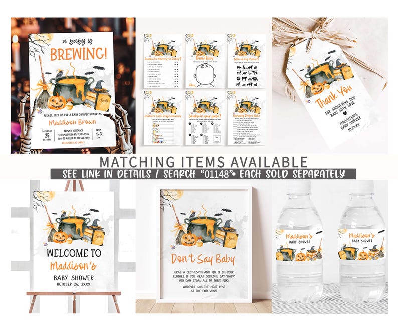 various Halloween-themed items, including a baby shower invitation, a thank you card, and a set of matching items available for purchase.