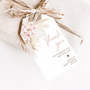 Editable Pink Boho Baby Shower Favor Tags, Girl Pampas Grass Baby Shower Gift Tag, Rustic Boho Floral Baby Shower Thank You Favor Tags, 0600 image 3