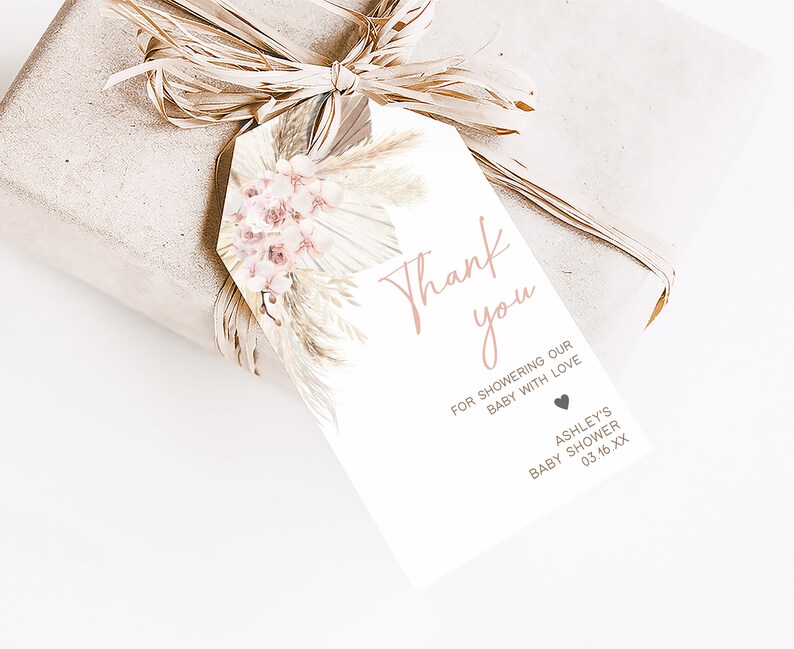 Editable Pink Boho Baby Shower Favor Tags, Girl Pampas Grass Baby Shower Gift Tag, Rustic Boho Floral Baby Shower Thank You Favor Tags, 0600 image 3