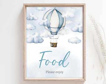 Adventure Awaits Baby Shower Food Sign, Blue Hot Air Balloon Baby Shower Food Table Sign, Adventure Awaits Boy Shower Food Party Signs, 0643