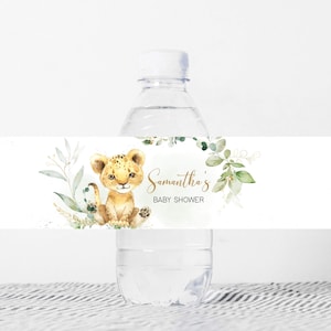 Etiqueta editable de botella de baby shower de león, etiquetas de agua de baby shower de Greenery Lion Safari, pegatina de botella de agua de selva de león de género neutro, 0734