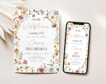 Editable Little Wildflower Birthday Invitation, Wildflower First Birthday Invite, Wildflower Party Invite, Floral Garden Party Invite, 39BD