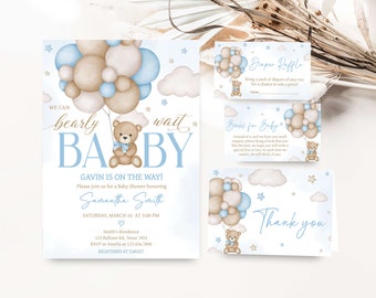 Editable Blue Boy Bear Balloon Baby Shower Invitation Bundle, We Can Bearly Wait Baby Shower Invite Set, Boho Brown Bear Baby Shower, 0621