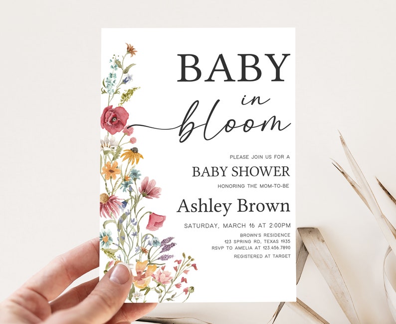 Editable Baby in Bloom Baby Shower Invitation Bundle, Boho Wildflower Baby Shower Invite Set, Spring Floral Baby Shower Invite Pack, 0627 image 3
