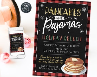 May include: A holiday brunch invitation with a black background and a red and black plaid border. The invitation reads "Pancakes and Pajamas Holiday Brunch" with event details and a stack of pancakes illustration.