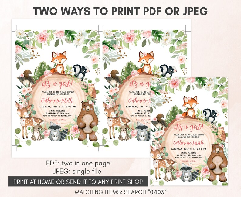 Puede incluir: Invitaci&oacute;n de baby shower imprimible con un tema de bosque en un esquema de colores rosa y verde. La invitaci&oacute;n presenta un zorro, un oso, un ciervo y otros animales del bosque. El texto de la invitaci&oacute;n dice "&iexcl;Es una ni&ntilde;a!" e incluye el nombre "Catherine Smith".