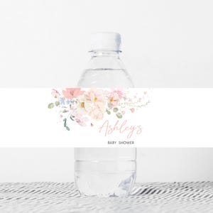 Editable Baby in Bloom Baby Shower Bottle Label, Pink Floral Wildflowers Baby Shower Water Label, Spring Flowers Girl Bottle Stickers, 01009