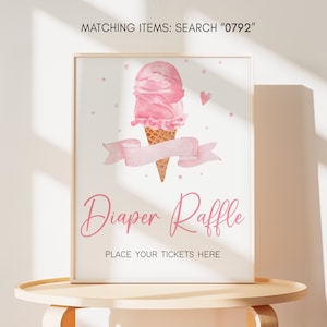 Diaper Raffle Sign Pink Ice Cream Baby Shower, Here&#39;s The Scoop Baby Shower Diaper Game Sign, It&#39;s A Girl Summer Baby Shower Signs, 0792