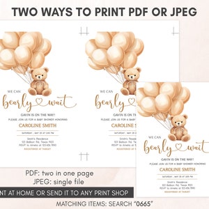 Bewerkbare babyshower uitnodiging bruine beer, teddybeer ballon babyshower uitnodiging, sjabloon babyshower babyshower, we Can Bearly Wait, 0665 afbeelding 3