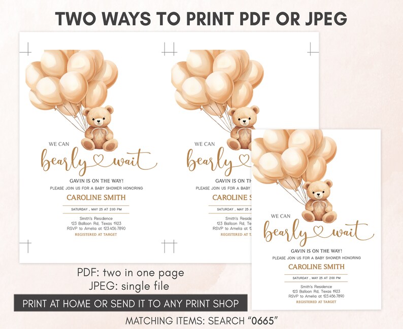 Bewerkbare babyshower uitnodiging bruine beer, teddybeer ballon babyshower uitnodiging, sjabloon babyshower babyshower, we Can Bearly Wait, 0665 afbeelding 3