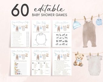 Paquete de juegos para baby shower con tendedero bohemio editable, juego para baby shower de un dulce niño, juegos para baby shower con oso azul, 01096