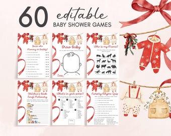 Puede incluir: Un conjunto de seis juegos imprimibles para baby shower con un tema de acuarela. Los juegos incluyen "¿Quién es mamá o papá?", "Dibuja al bebé" y "¿Quién es mi mamá?" La imagen también presenta ropa de bebé colgada en una cuerda.