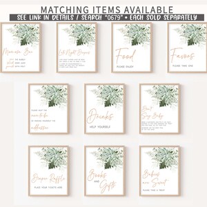 May include: Set of ten printable signs with a green and white floral design. The signs include titles such as "Mimosas Bar", "Late Night Snacks", "Drinks", "Food", "Favors", "Don't Say Baby", "Diaper Raffle", "Books and Gifts", and "Babies are Sweet".