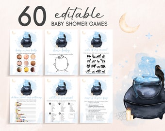 Editable A Baby is Brewing Halloween Baby Shower Games Bundle, Boy Halloween Baby Shower Game Pack, Blue Witch Baby Shower Games Set 0465